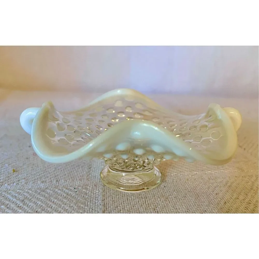 Vintage FENTON Art Glass Handles French Moonstone Opalescent Hobnail CANDY DISH